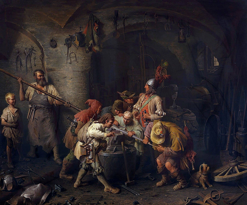 The seven Swabians in the smithy checking their spit; Die sieben Schwaben in der Schmiede beim Prüfen ihres Spießes. Peter Baumgartner