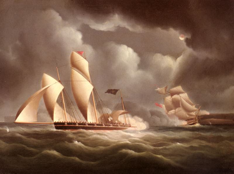 A British Frigate attacking A Pirate Lugger At Night. Edward A Buttersworth