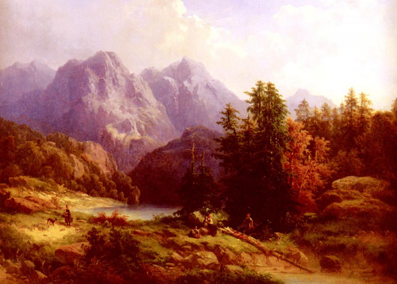 Альпийский пейзаж с лесником и его семейством. Баумгартнер
