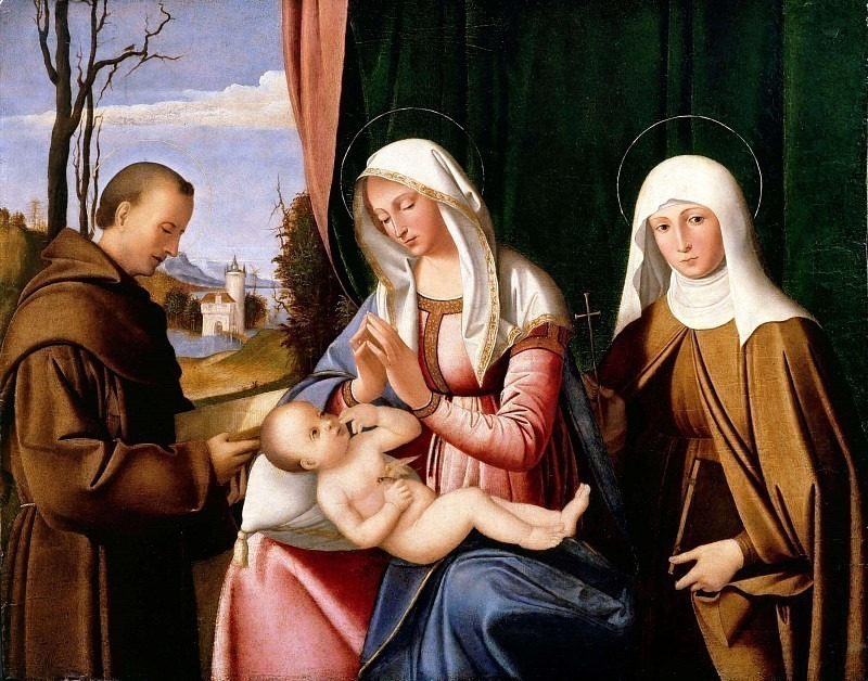 Мадонна с младенцем, святые Клара и Франциск Ассизский. Марко Базаити