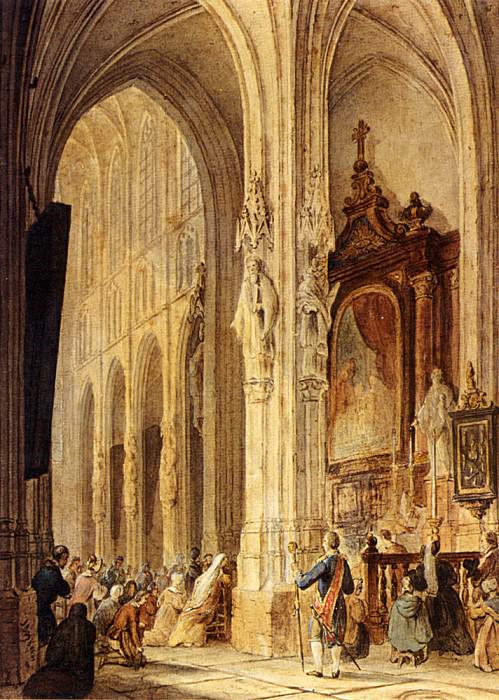 A Church Interior With People Attending Mass. Johannes Bosboom