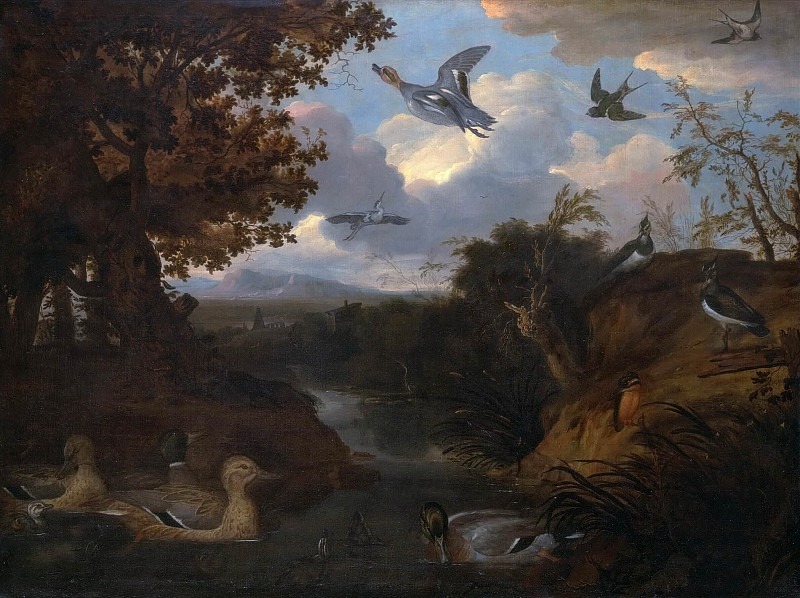 Утки и другие птицы около ручья в итальянском пейзаже