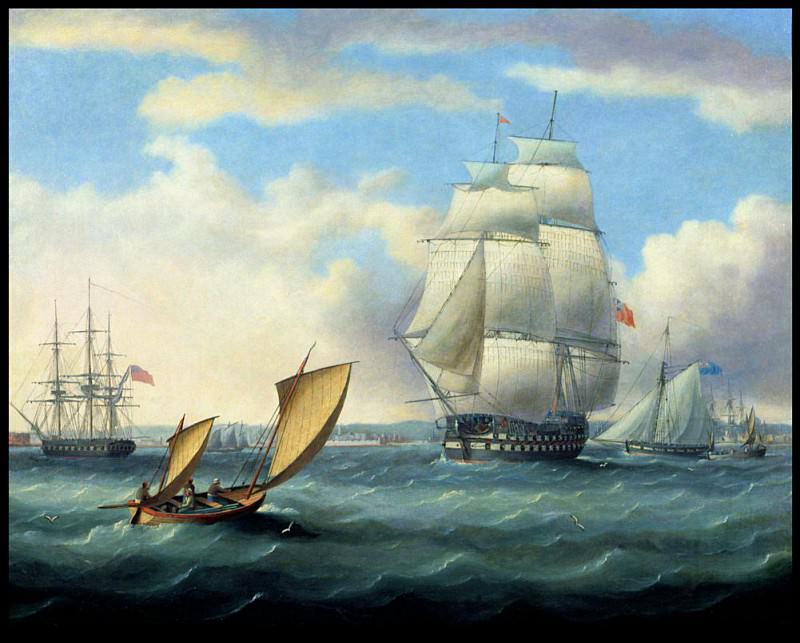 Euryalus (Capt. Blackwood) Thunderer and Ajax leaving Plymouth on the way to Cadiz. Thomas Buttersworth