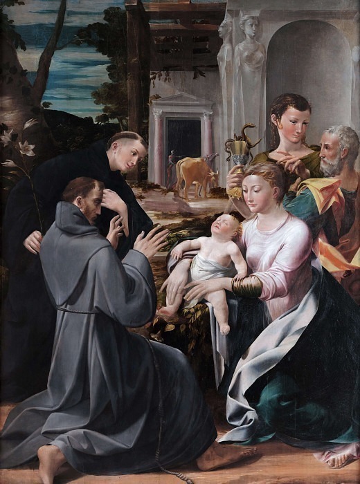Мадонна с младенцем и святым Иосифом, почитаемая св. Антонием Падуанским, Франциском Ассизским и Иоанном Богословом