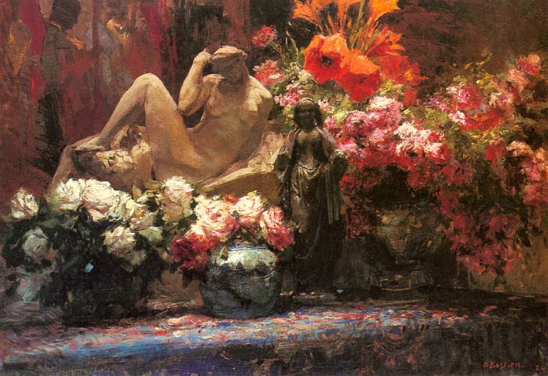 A Floral Still Life With Sculpture. Alfred Bastien