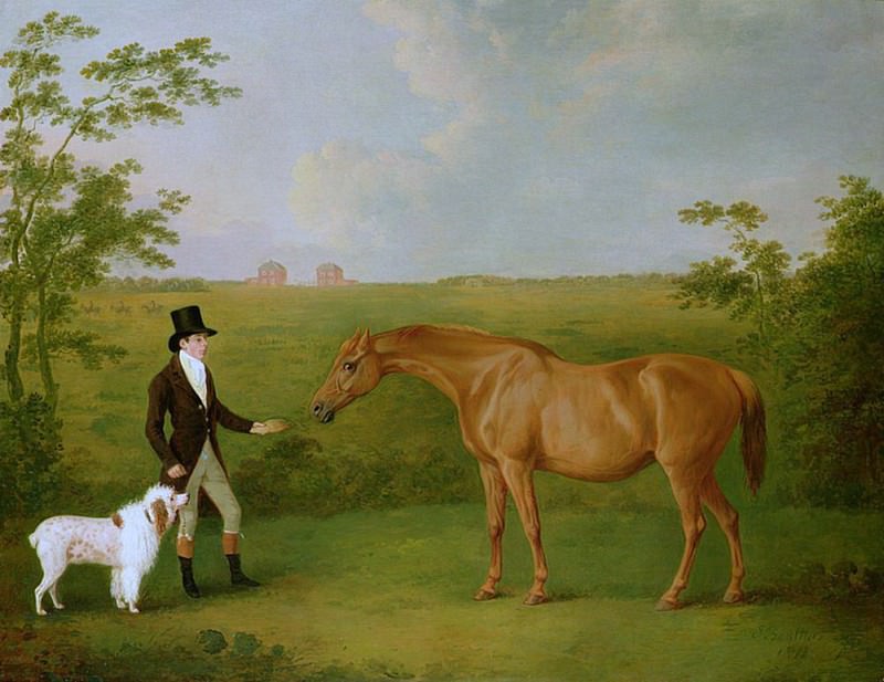 Джентльмен с белой собакой и породой Честнат Маре в пейзаже. Джон Боултби