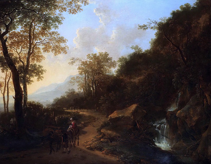 A MOUNTAINOUS ITALIANATE LANDSCAPE WITH TRAVELLERS. Jan Dirksz Both