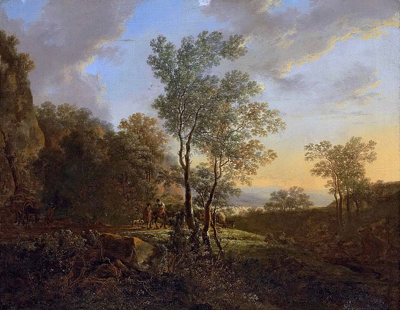 An Italianate wooded landscape with travellers on a path. Jan Dirksz Both