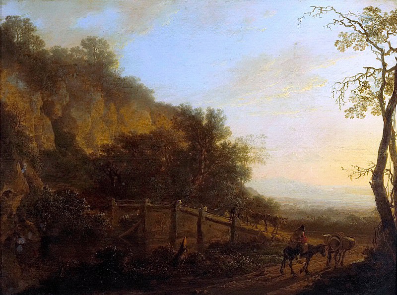 A landscape with a figure riding a donkey in the foreground. Jan Dirksz Both