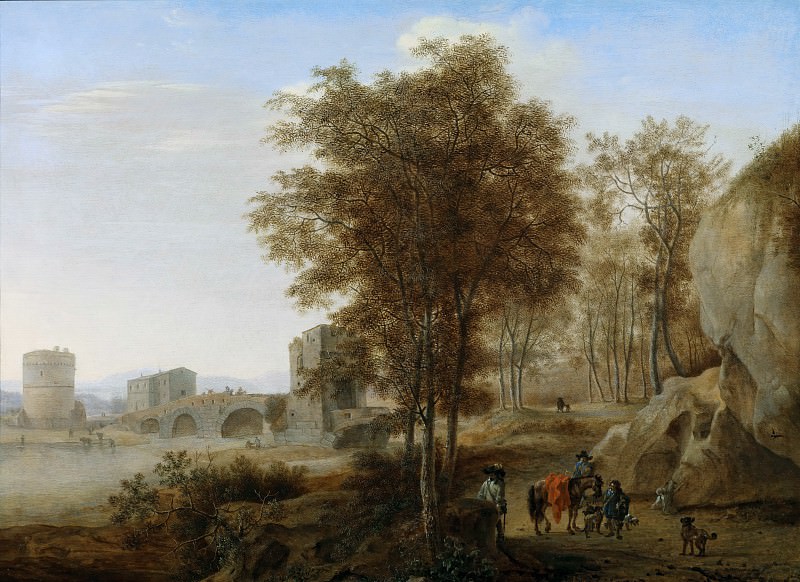 Travelers at the Ponte Lucano over the Anio at Tivoli, in the background the tomb of Plautier. Jan Dirksz Both