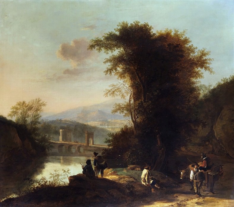 Итальянский пейзаж с путниками и мостом. Ян Диркс Бот