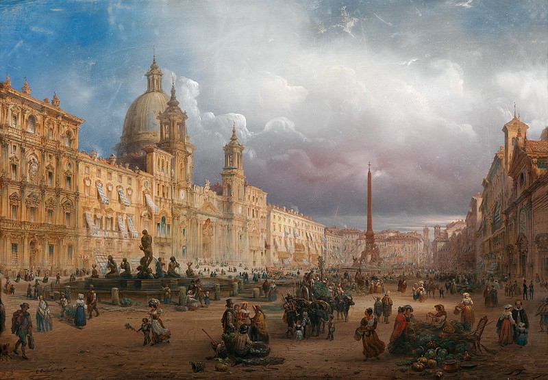 Шумный рынок на площади Навона в Риме. Карло Боссоли