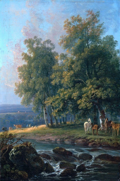 Лошади и крупный рогатый скот у реки. Джордж Баррет