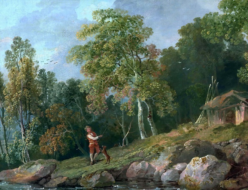Лесной пейзаж с мальчиком и его собакой
