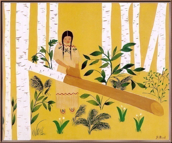 Женщина из племени Чиппева, срезающая бересту с берёзы. Агнес Бёрд