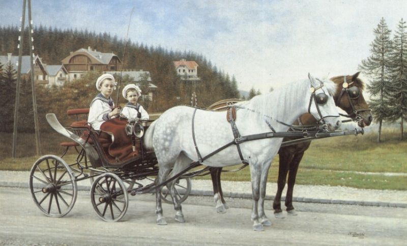 Young Boys In A Horsedrawn Carriage. Karl Buchta