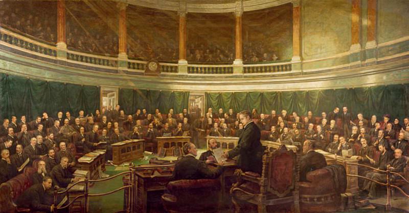 Первое заседание Совета Лондонского графства в Каунти Холл Сприн Гарденс в 1899 году. Генри Джеймин Брукс