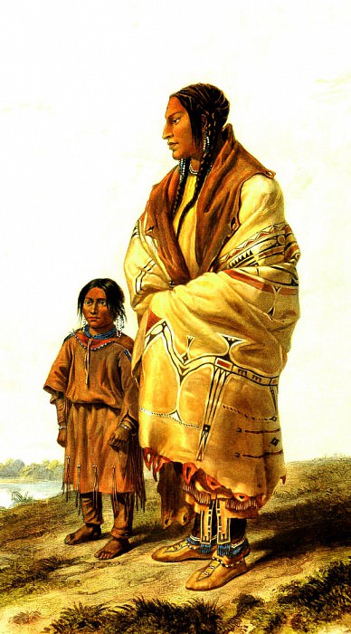 Женщина из племени Дакота и девочка из племени Ассинибойн. Карл Бодмер