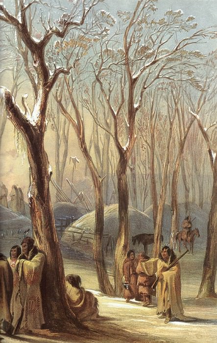 Поселение индейцев племени Минатаррес зимой, 1833. Карл Бодмер