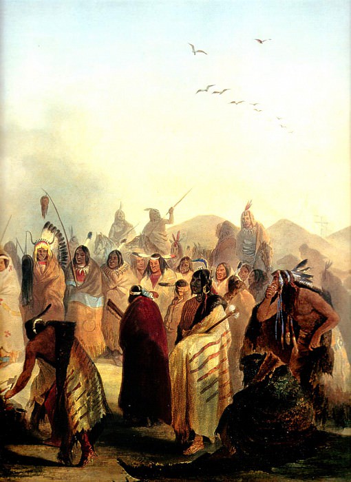 Танец скальпа, исполняемый индейцами племени Минатаррес. Карл Бодмер