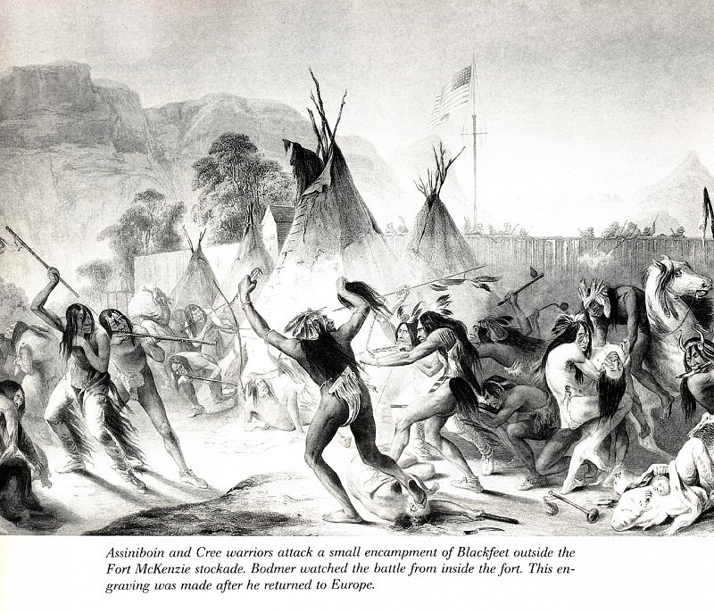 Assiniboin and Cree warriors attack Blackfeet KarlBodmer, Karl Bodmer