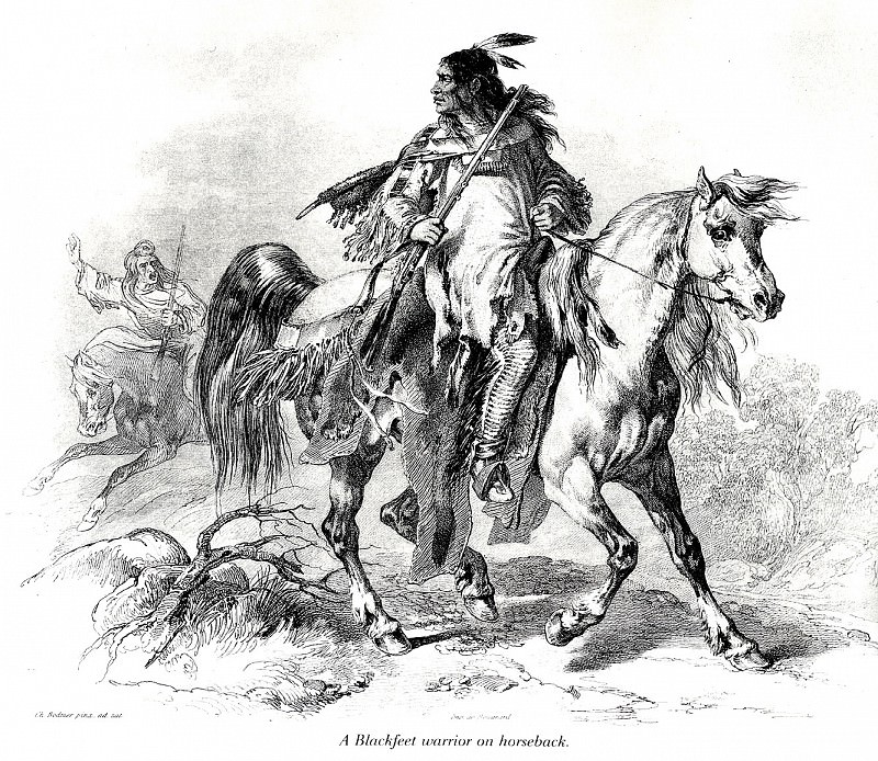 Индеец племени черноногих на лошади. Карл Бодмер