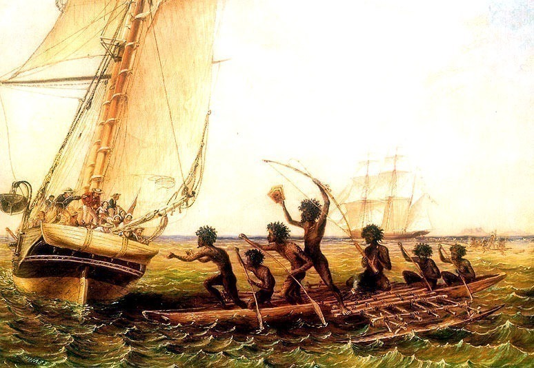 Каноэ аборигенов устанавливает контакты с кораблями Монарх и Том Таф. Томас Бейнс