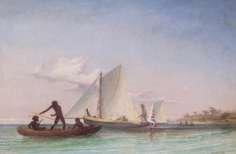 The Long Boat of the Messenger attacked by Natives. Thomas Baines