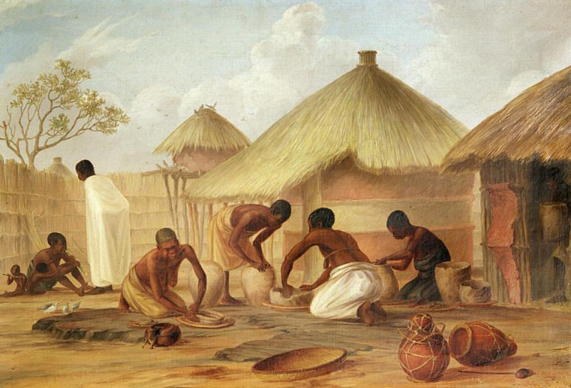 Manufacture of Sugar at Katipo - Making the panellas or pots to contain it. Thomas Baines