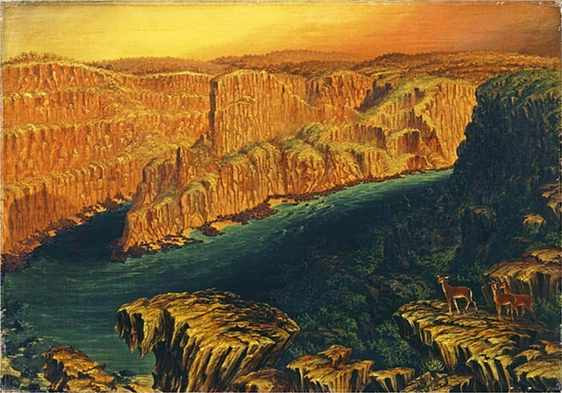 Gorge Below Victoria Falls in the Lower Zambezi with Antelope. Thomas Baines