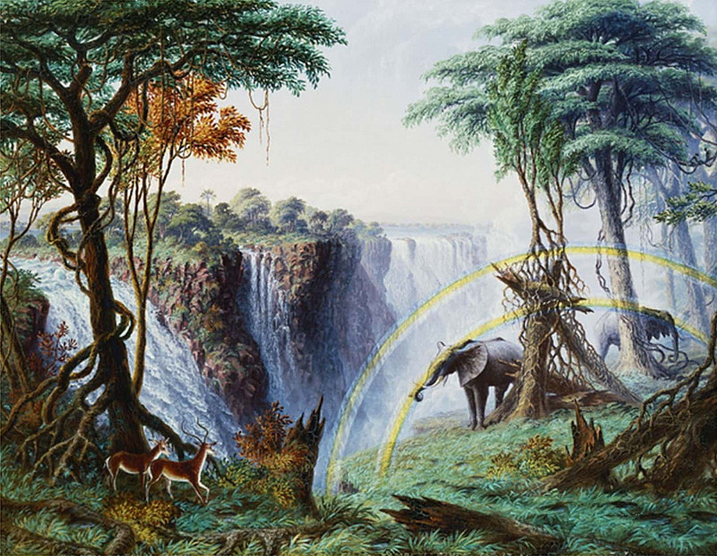 The Mosi-O-A-Tunya (Smoke Resounding) or Victoria Falls, Zambesi River. Thomas Baines