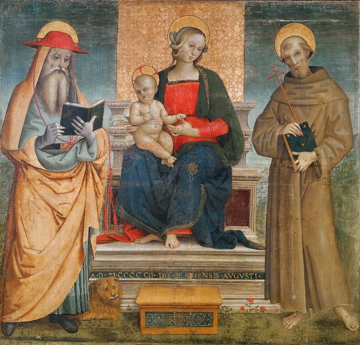 Enthroned Madonna and Child with Saints Jerome and Francis of Assisi (Attr). Tiberio d’Assisi