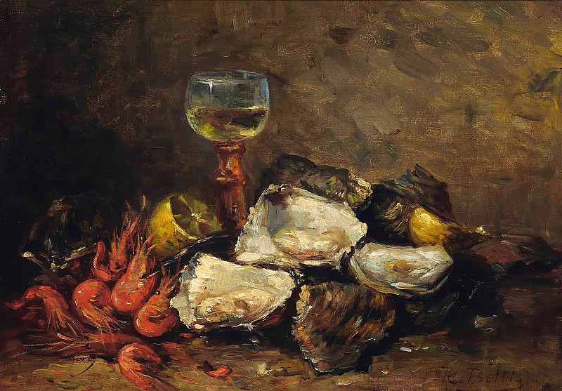 Oysters and prawns with a glass of wine. Hubert Bellis
