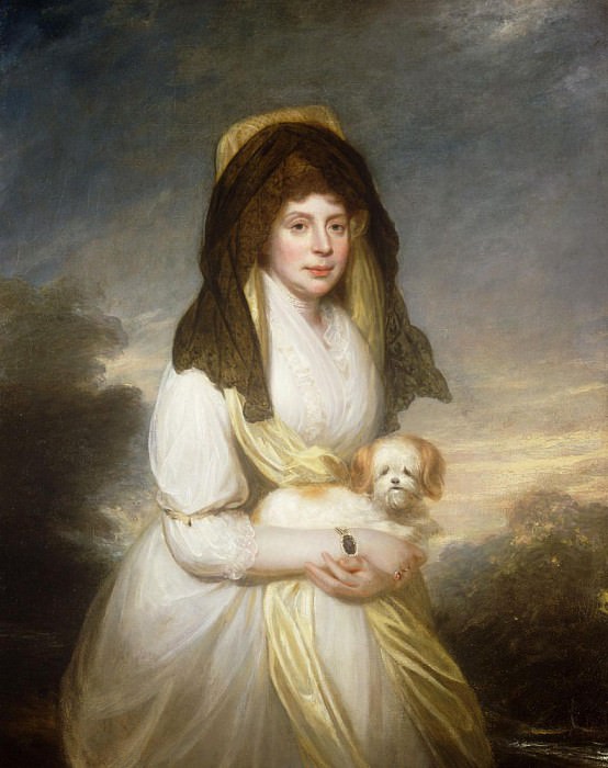 Portrait of Queen Charlotte, Three-Quarter Length, in a White Dress, a Yellow Shawl and Black Mantilla, Holding a Maltese Dog. Sir Henry William Beechey