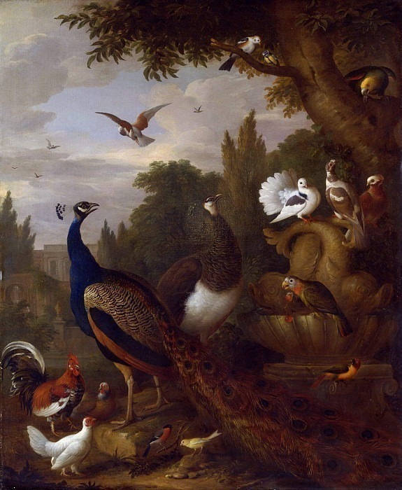 Peacock, peahen, parrots, canary, and other birds in a park. Jacob Bogdani