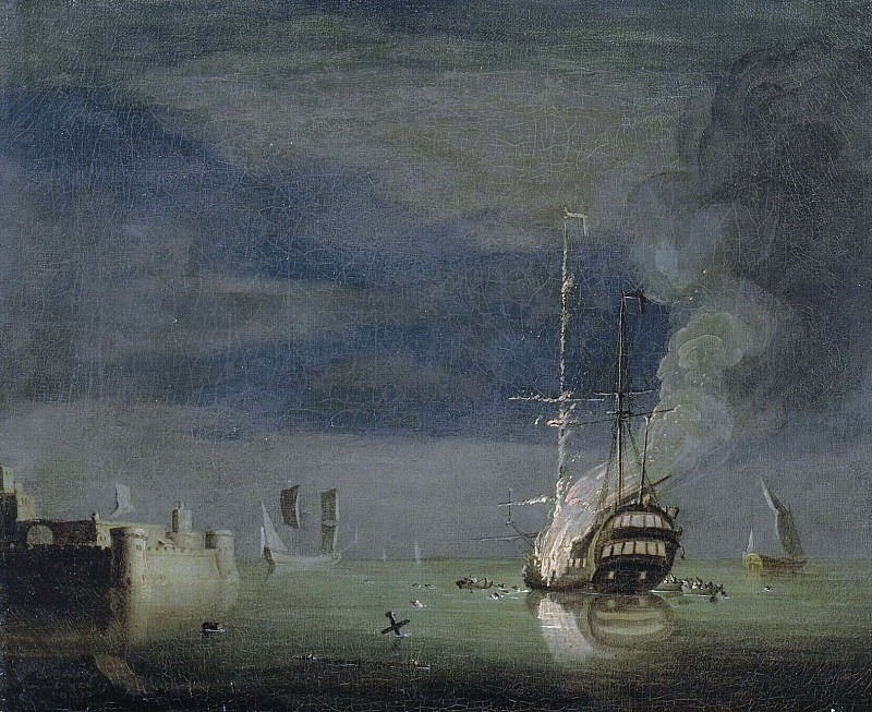 A Two-Decker on Fire at Night off a Fort, Charles Brooking