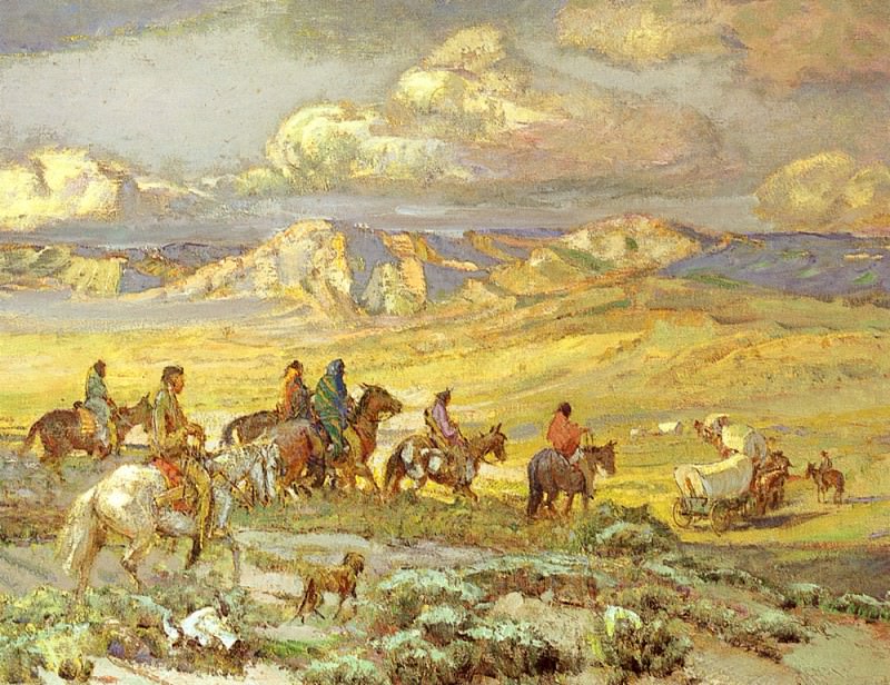 Дружественные индейцы сопровождают фургон колонистов. Оскар Эдмунд Бернингхаус