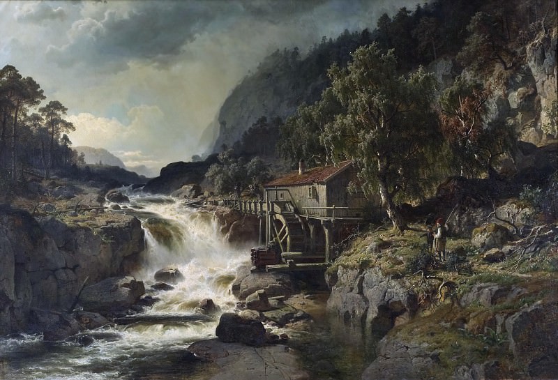 Rocky Landscape with Waterfall and Watermill, Småland. Johan Edvard Bergh