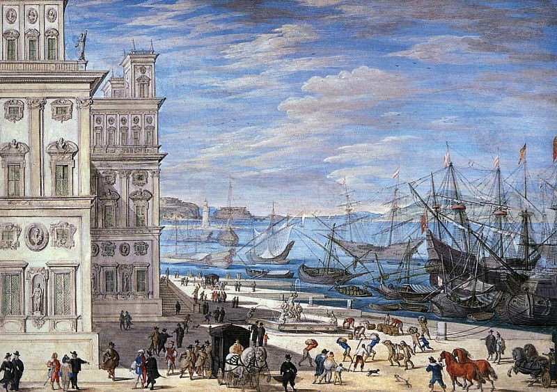 An Italian harbour scene. Johann Wilhelm Bauer