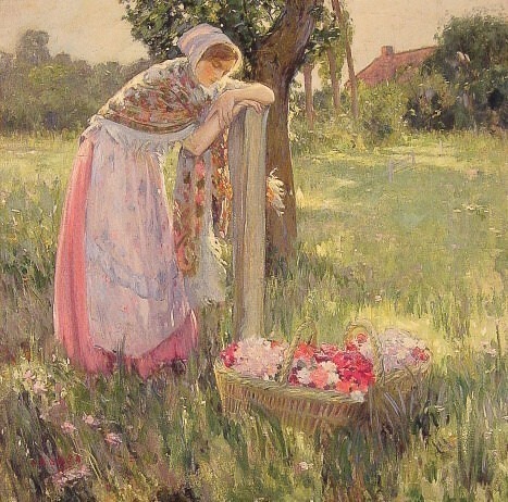 Resting by a basket of flowers. Myron G Barlow