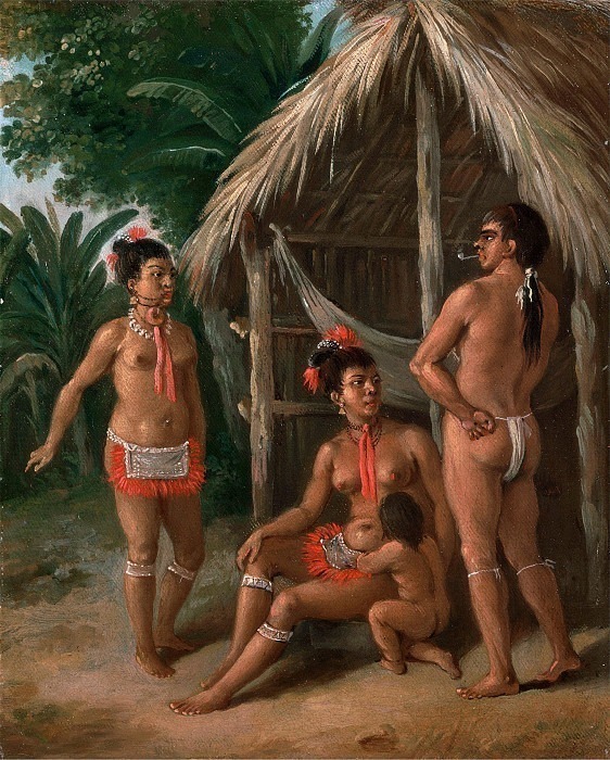 A Leeward Islands Carib family outside a Hut. Agostino Brunias