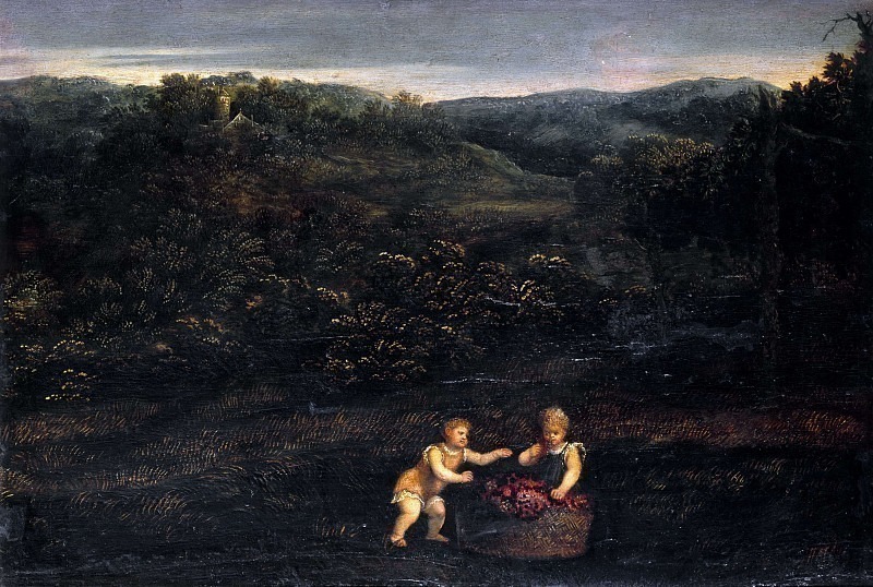 Country landscape with two children and a basket of grapes. Paris Bordone