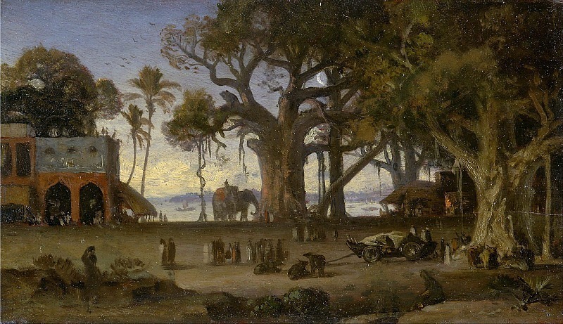 Moonlit Scene of Indian Figures and Elephants among Banyan Trees, Upper India (probably Lucknow). Auguste Borget