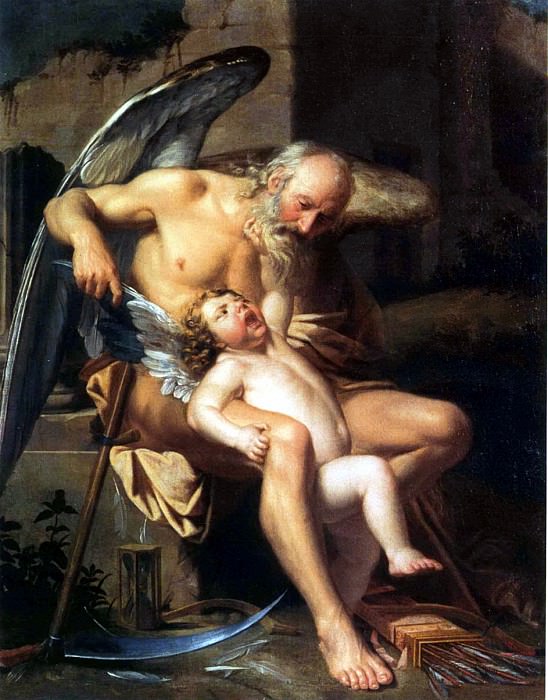 Pompeo Girolamo Batoni, Il Tempo tarpa le ali a Cupido, 1740-43 . Collezione privata. Pompeo Girolamo Batoni