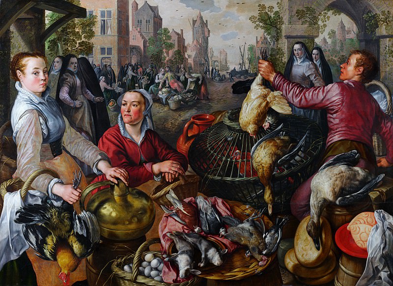 Четыре стихии: Воздух. Рынок мяса птицы со сценой возвращения блудного сына на заднем плане. Иоахим Бейкелар