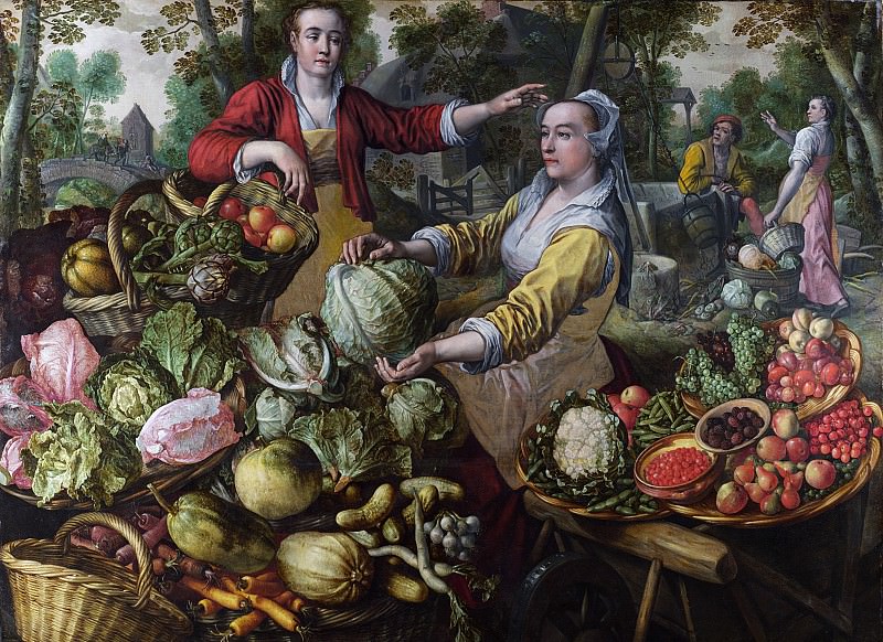 Четыре элемента: Земля. Рынок фруктов и овощей со сценой бегства в Египет на заднем плане. Иоахим Бейкелар