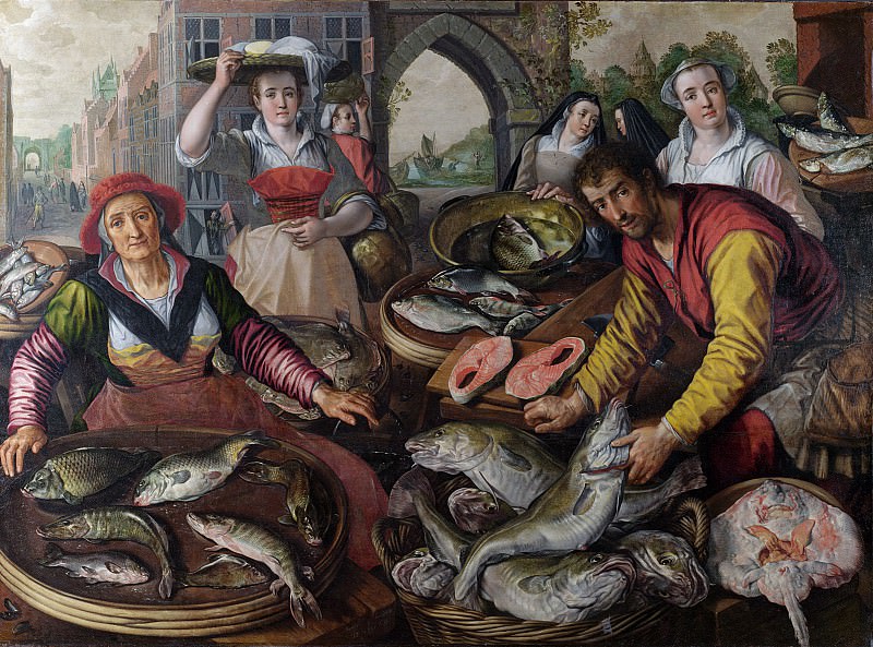 The Four Elements: Water. A Fish Market with the Miraculous Draught of Fishes in the Background NG London. Joachim Beuckelaer