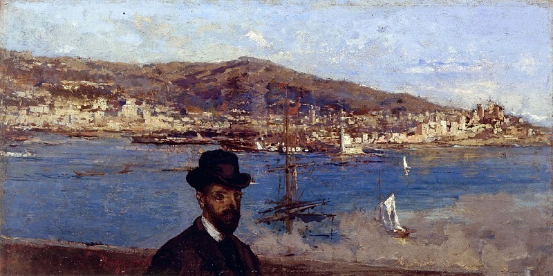 View of the port of Genoa with a male portrait. Leonardo Bazzaro