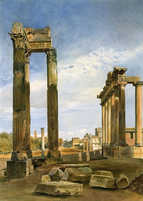 The Temples of Vespasian and Saturn, with the Temple of Castor Beyond, the Forum, Rome. Thomas Hartley Cromek