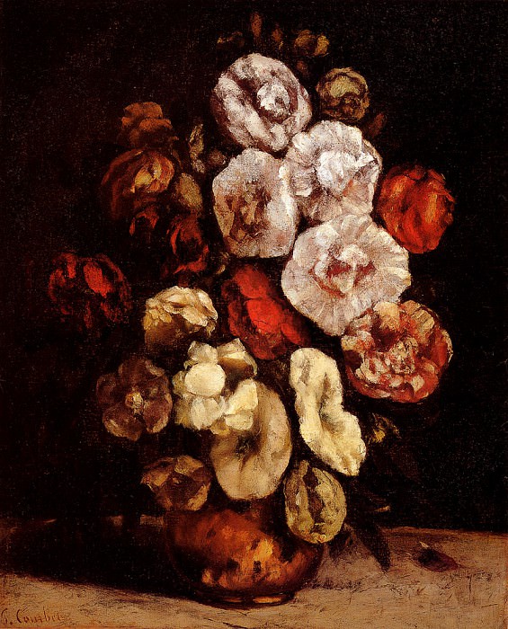 Hollyhocks In A Copper Bowl. Gustave Courbet
